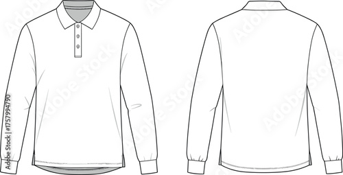 Long sleeve polo shirt flat vector illustration, classic collared top with button placket front and back technical fashion design template