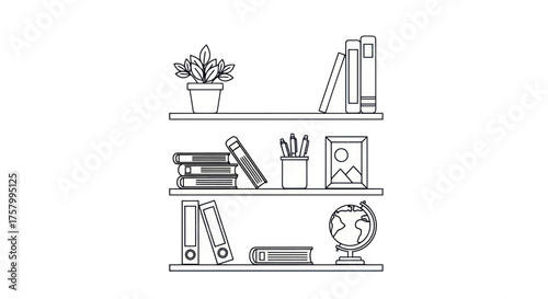 Minimalist Line Art Wall Shelves with Books Plant and Globe Illustration.