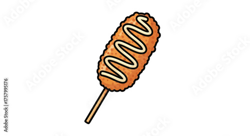 Delicious Korean Corn Dog with Creamy Sauce on Stick.