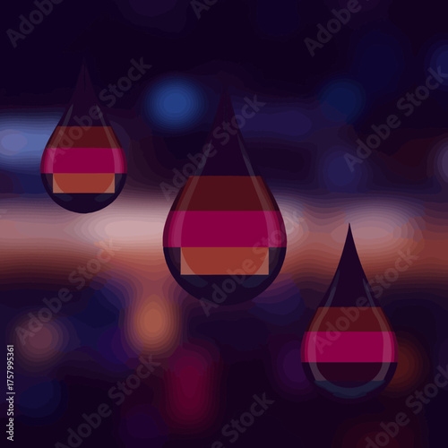Three stylized water drops with a colorful geometric design reflecting a blurred cityscape background, creating a modern and artistic visual.