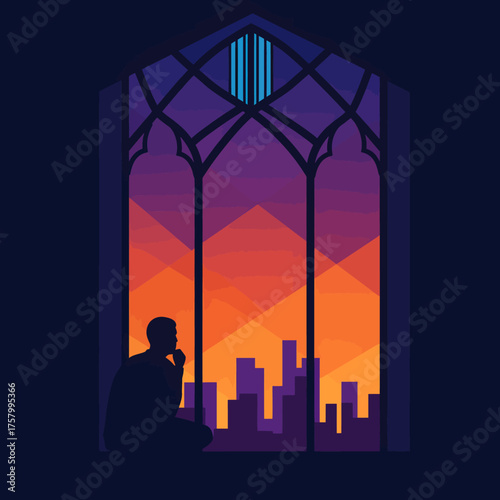 A contemplative figure gazes out of a stained-glass window at a vibrant cityscape, a moment of reflection and serenity in a modern urban environment.