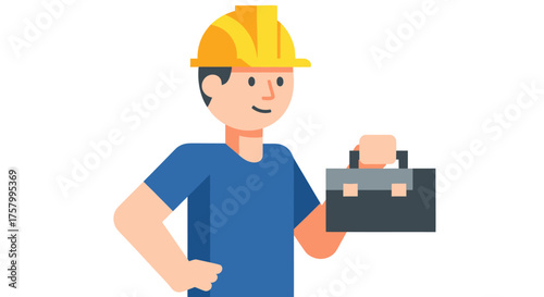 Cartoon Construction Worker Holding a Toolbox Wearing a Yellow Hard Hat.