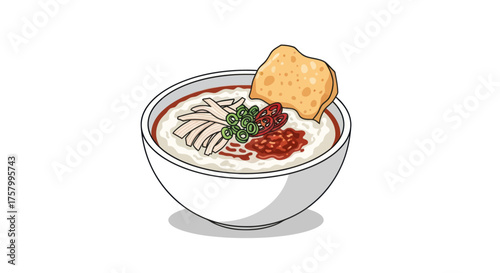 Delicious Bowl of Congee with Toppings and Crispy Cracker.