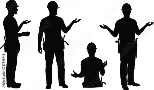 "Construction worker silhouettes in hard hats with tool belts showing teamwork, communication, safety, and labor poses for industrial vector illustration"