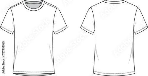 Basic unisex t-shirt flat vector illustration, short sleeve crew neck casual top front and back technical fashion drawing designBasic unisex t-shirt flat vector illustration