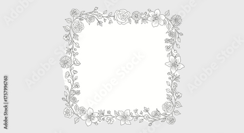 Delicate Square Floral Frame Border with Small Blossoms and Leaves in Bright Studio