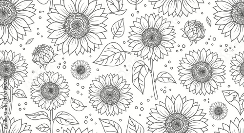 Cheerful Seamless Sunflower Outline Pattern with Leaves and Seeds on White Background