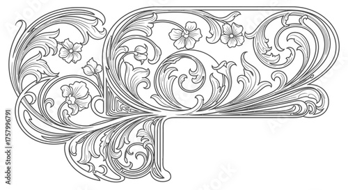 Grand Ornate Baroque Floral Corner Ornament with Large Scrolls and Blossoms on Isolated White Background