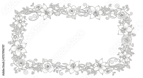 Delicate Rectangular Floral Frame Border with Small Blossoms and Leaves in Bright Studio