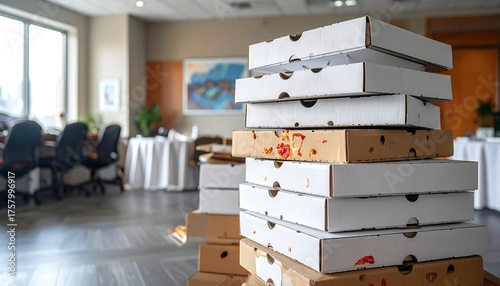 Stack of pizza boxes in an office setting after an event
