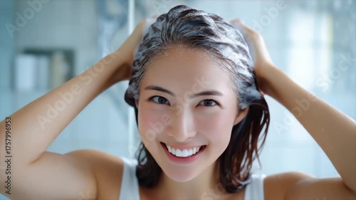 Young woman happily washing her hair with shampoo