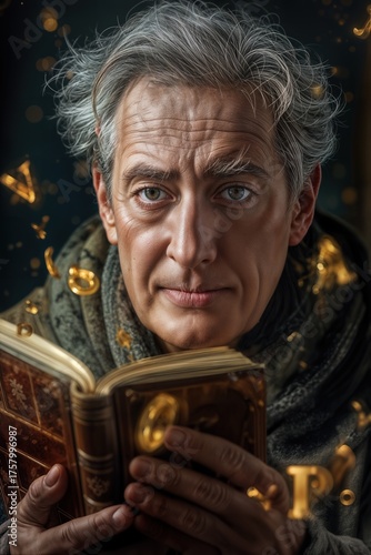 An elderly man is reading an ancient book with letters that illuminate the room