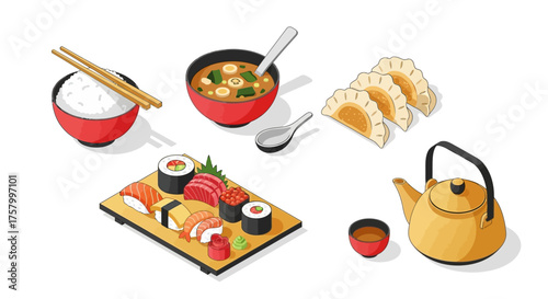 Isometric illustration of Japanese food including sushi, rice, soup, and dumplings.