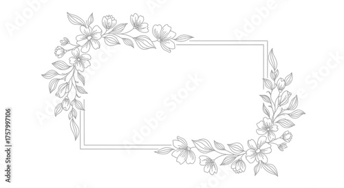 Elegant Floral Wreath Frame with Delicate Flowers and Leaves on Isolated White Background