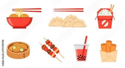 Illustration of various Asian dishes, including noodles, dumplings, rice, skewers, and spring rolls.
