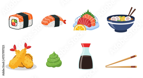 Illustration of sushi, sashimi, ramen, tempura, wasabi, soy sauce, and chopsticks.