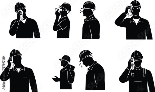 "Construction workers silhouettes wearing hard hats wiping sweat exhausted laborers heat stress safety industrial job site vector illustration design"