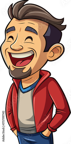 A cartoon man with brown hair and a beard laughs heartily. He wears a red jacket over a gray shirt and has his hands in his jeans pockets.