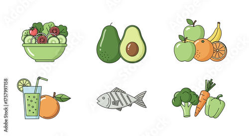 Healthy food icons: salad, avocado, fruits, juice, fish, vegetables.