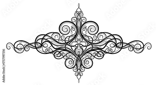 Symmetrical Black and White Ornate Scroll Ornament with Intricate Flourish Design, Isolated White Background.