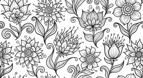 Seamless Black and White Pattern with Detailed Hand Drawn Flowers and Leaves, Isolated White Background.