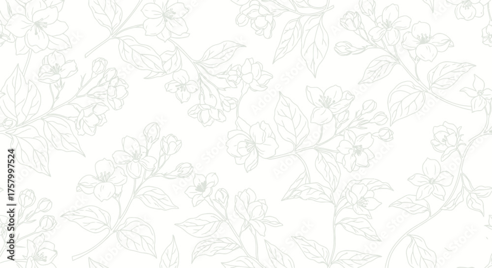 Fototapeta premium Delicate Seamless Floral Pattern with Outline Flowers and Leaves on Isolated White Background