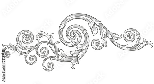 Vintage Baroque Style Scroll Ornament with Elegant Flourish Design, Isolated White Background.