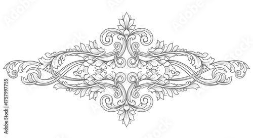 Elegant Classical Ornate Decorative Element with Scrollwork and Leaves Line Art on Isolated White Background