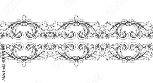 Elegant Classical Ornate Horizontal Border with Scrollwork and Floral Elements Line Art on Isolated White Background