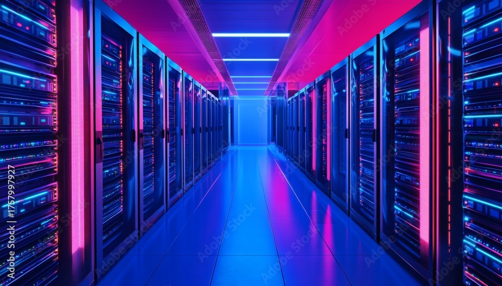 Fototapeta premium Rows of illuminated servers in a modern data center