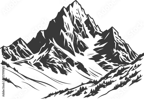 Illustration of rugged mountains with sharp, jagged peaks and snow accents. Black and white design conveys a bold, dramatic, and adventurous tone.