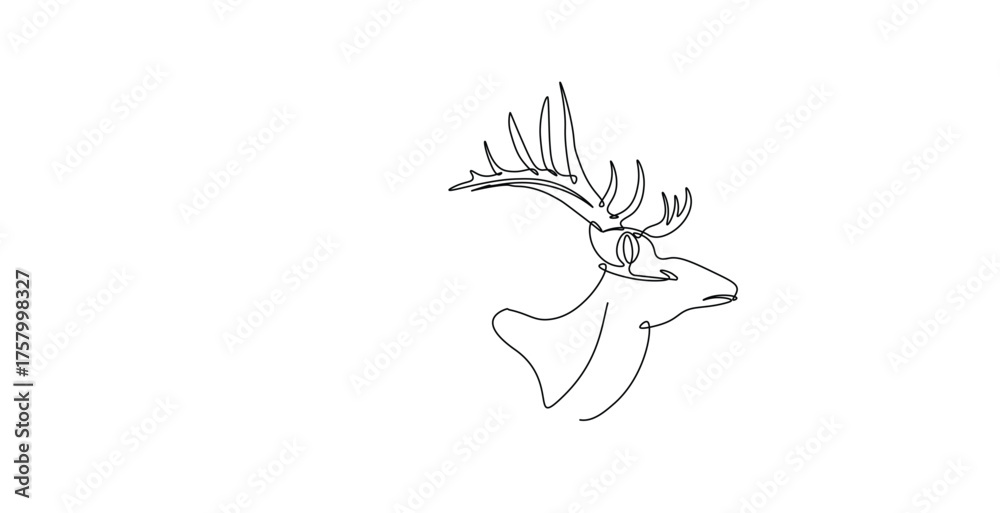 Fototapeta premium Deer head or reindeer in continuous one line drawing. Single line art illustration of deer head animal. Editable vector.