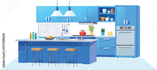 Modern kitchen with blue cabinets, island with bar stools, hanging lights, and appliances. Decor includes colorful dishes and plants, creating a lively ambiance.