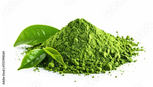Vibrant Green Matcha Powder Heap Surrounded by Fresh Tea Leaves Against a Stark White Background