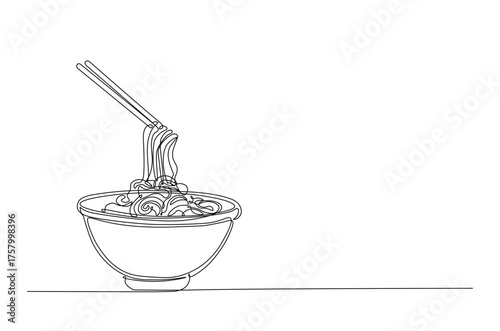 noodles or ramen in the bowl in continuous one line drawing. Single line art illustration of mie ramen in the bowl.