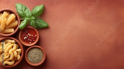 Wallpaper Mural Fresh Ingredients for Italian Cuisine Featuring Pasta, Spices, and Basil on a Warm-Look Background Ideal for Food and Recipe Concepts Torontodigital.ca