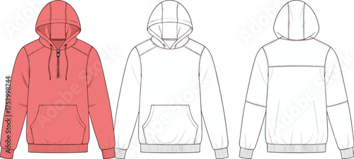 Men’s pullover hoodie vector illustration, front and back view, half zip sweatshirt with kangaroo pocket, drawstring hood technical flat
