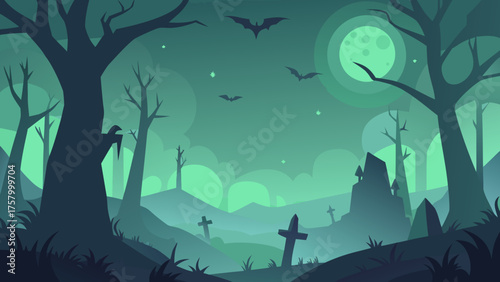 Misty Haunted Forest with Bats and Eerie Glow Vector Artwork