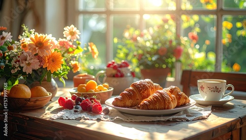 Warm Sunlight Illuminates a Breakfast Table Laden with Fresh Croissants Ripe Berries and a Bouquet of Orange and Pink Flowers by a Window