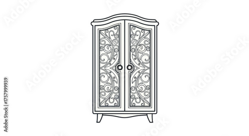Detailed Black and White Armoire with Ornate Floral Design.