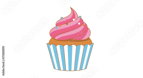 Delicious pink frosted cupcake with sprinkles in a striped wrapper.