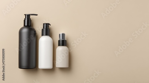 Sleek and Minimalistic Collection of Three Cosmetic Containers in Black and White on a Soft Beige Background for Beauty and Skincare Branding Use
