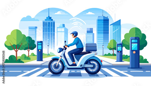 An illustration of a delivery person riding a scooter on a city street with modern buildings and trees in the background, depicting urban transport and logistics.