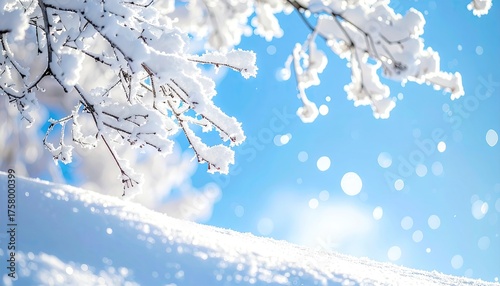 Winter Snowfall Scene With Frost Covered Branches Against A Bright Blue Sky