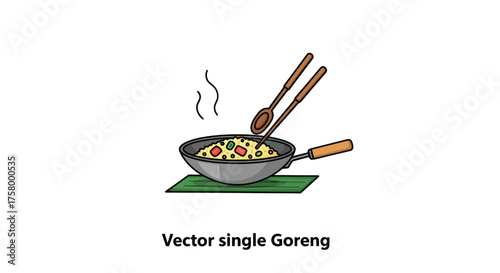 Vector Illustration of Steaming Fried Rice in Wok with Chopsticks and Spoon.