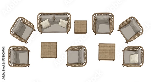 Top down view of outdoor furniture set on white background