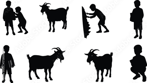 Children and goats silhouettes in playful rural scene, farm life interaction, reading, standing, crouching, vector illustration for stock design"