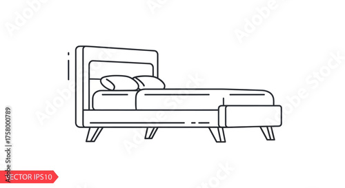 Modern Bed with Headboard and Two Pillows Outline Illustration.