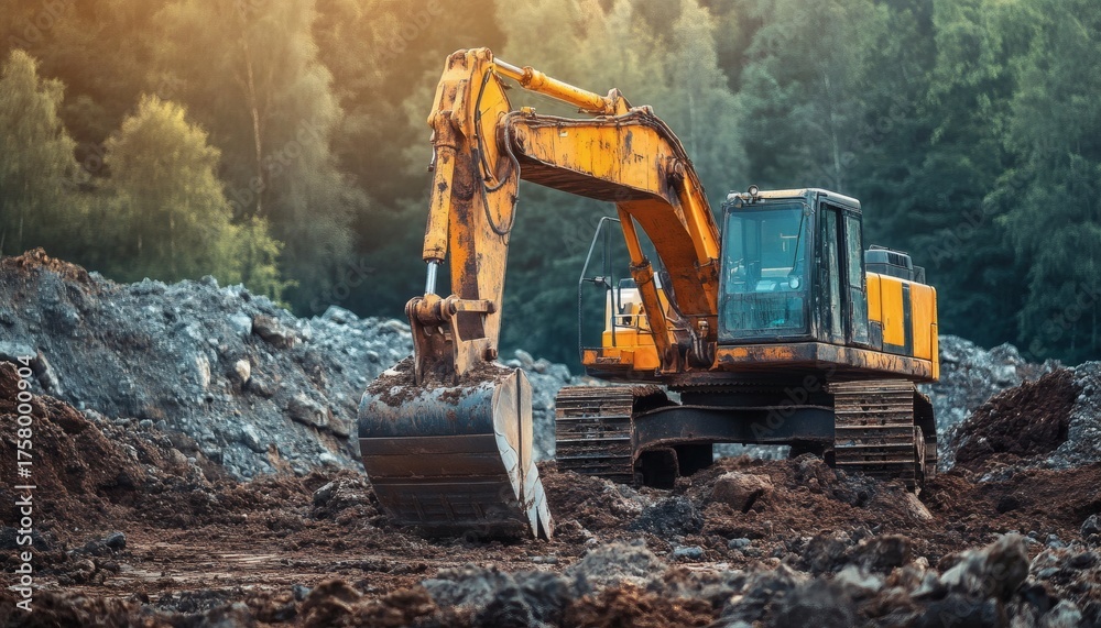 Obraz premium Powerful excavator digs into rich dark soil against a backdrop of lush green forest