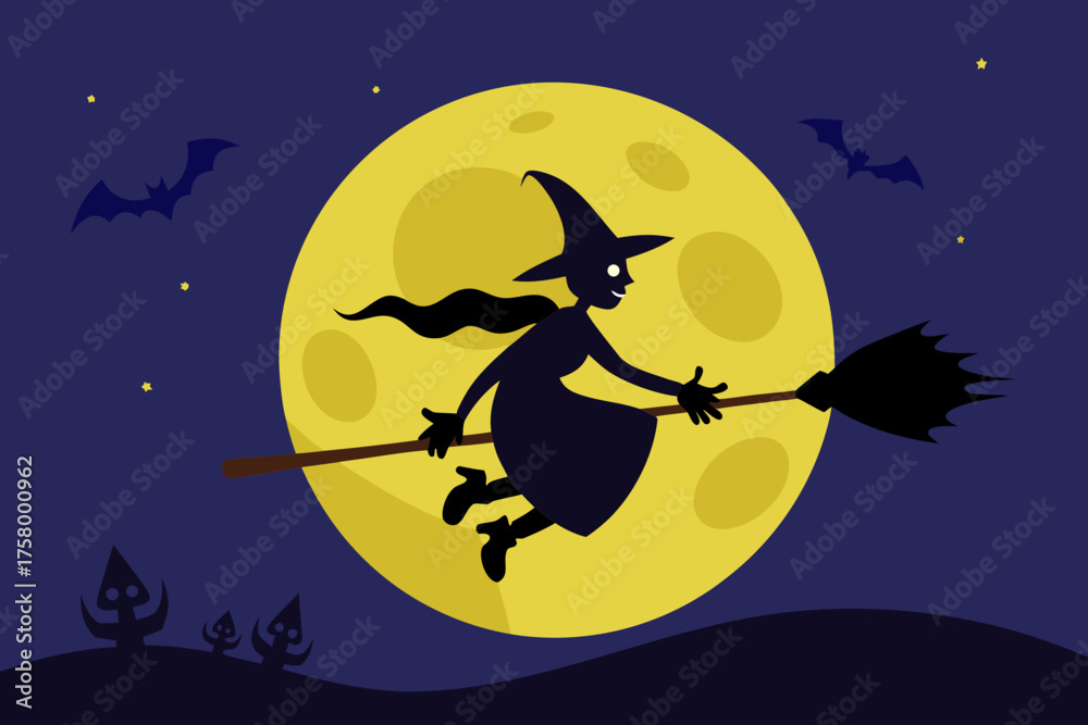 Fototapeta premium Witch Flying on Broom Across Full Moon Background